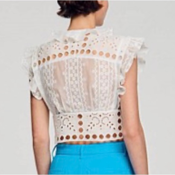 Sandro White Flutter Sleeve Crop with Front Ties Blouse - Size 1 (XS) - Picture 3 of 11